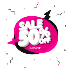 Sale 50% off, speech bubble banner, discount tag design template, vector illustration