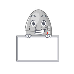 Egg kitchen time cartoon design style standing behind a board