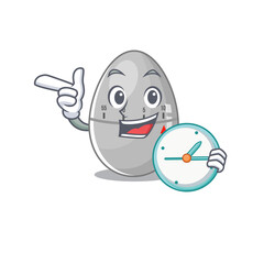 mascot design style of egg kitchen timer standing with holding a clock