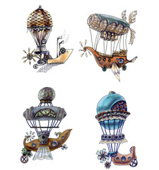 Watercolor painting is a fantastic airships. Set Illustration of a flying car in the steampunk style. Hand-drawn. Collection of air transport of the 19th century isolated on a white background. © Nadine.de.trevile