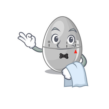 A cartoon picture of egg kitchen timer waiter with a white napkin