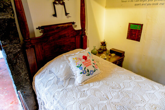 COYOACAN, MEXICO - OCT 28, 2016: Bed room in the Blue House (La Casa Azul), historic house and art museum dedicated to the life and work of Mexican artist Frida Kahlo