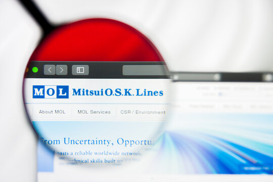 New York, New York State, USA - 21 May 2019: Illustrative Editorial of japanese company Mitsui OSK Lines Ltd website homepage. Mitsui OSK Lines Ltd logo visible on display screen.