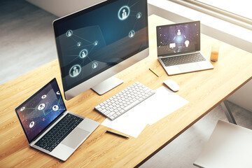 Modern computer monitor with social network icons concept. Marketing and promotion concept. 3D Rendering