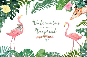 Adorable floral exotic horizontal square frame with pink flowers, tropical leaves. Hand drawn watercolor isolated illustration on white background © Anna Terleeva