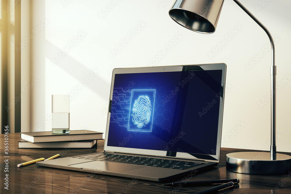 Poster computer monitor with abstract creative fingerprint illustration, personal biometric data concept. 3