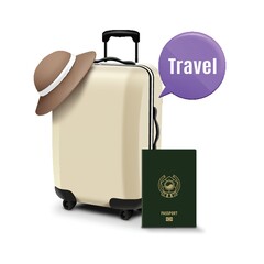trolley bag with passport and speech bubble