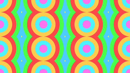 Retro repeating vector pattern, colourful circles. Gerrn, blue, orange, yellow, pink, red. Background/wallpaper/texture.