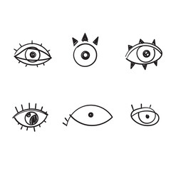 doodle Evil eyes. Set of hand drawn various talismans. Different shapes. Flat design. Free hand drawing style. drawing
