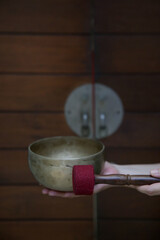 Tibetan Singing Bowl. Meditation Gong And Zen Yoga Concept.
