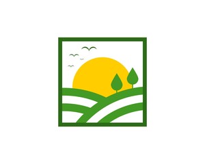 Abstract green hill farm and sunrise inside the square