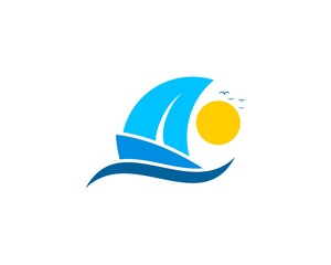 Fototapeta premium Simple blue boat with wave and sun
