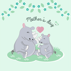 Mother's day card. Happy Rhino and baby cartoon. 
