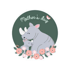 Mother's day card. Happy Rhino and baby cartoon. 
