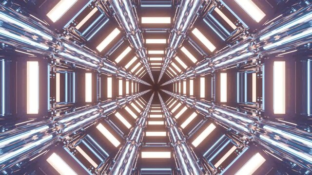 Traveling through a brilliant, glowing, infinite, futuristic, triangular tunnel; 3d rendering; 3d illustration.