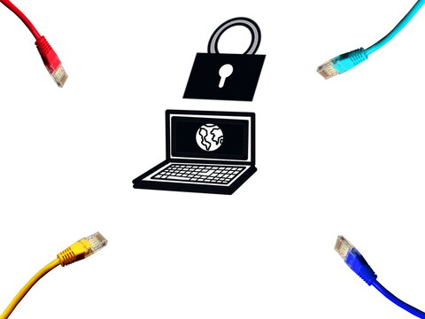padlock icon ethernet cables multicolored laptop illustration white background safe information concept internet copy space