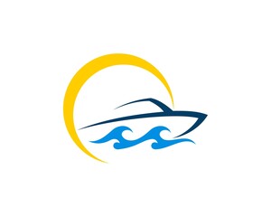 Yellow circle swoosh with speedboat and wave