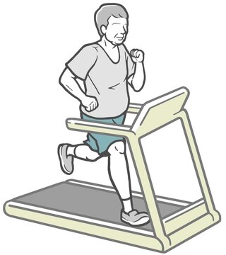 recommend clip art: スポーツジムでランニングマシンを使って走る中年男性
