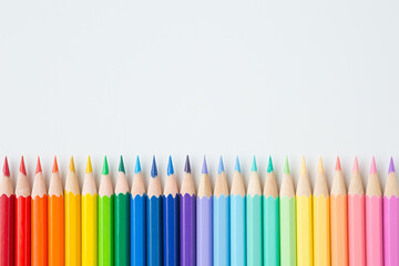 Pattern of Colorful  Many colored pencils on a white background and copy space