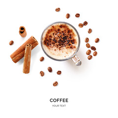 Creative layout made of coffee, coffee beans and cinnamon. Flat lay. Food concept. Macro  concept.