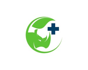 Rhino and medical symbol with circle green leaf