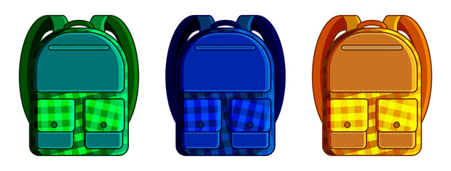 set of school backpacks for boys from textile in Scottish plaid green, blue and orange. Front view. September 1, beginning of the school year at school. Vector student accessories on white background