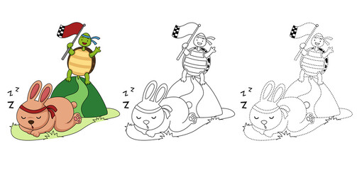 Fototapeta premium Illustration of educational game for kids and coloring book -turtle and rabbit running a race