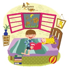 a boy reading a bedtime story to a giraffe