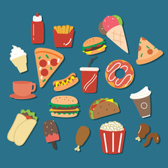 set of hand drawn vector fast food with cute pastel color. collection illustration for sticker, label, tag, gift wrapping paper