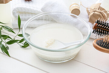 Bowl of rice water on table