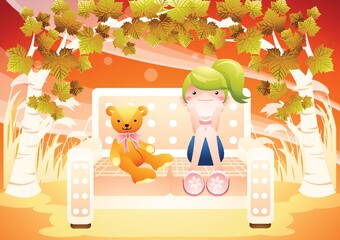 girl and teddy bear on bench