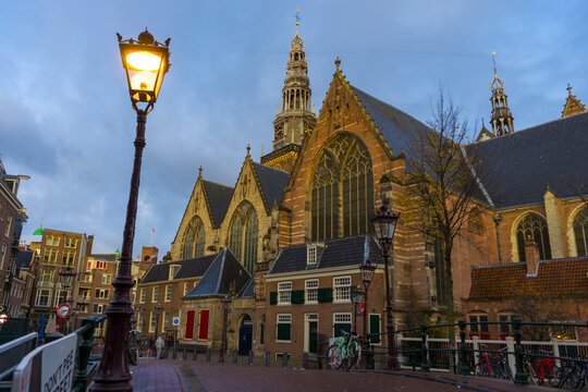Old Church or Oude Kerk in winter in Amsterdam, Netherlands.