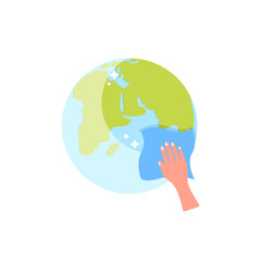 Hand washes the globe. Concept: earth day, care for the environment, ecology. Vector illustration, flat color cartoon design, isolated on white background, eps 10.