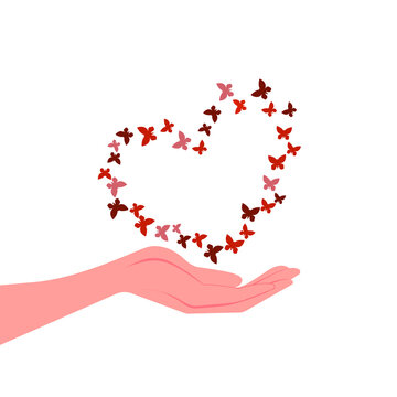 A woman's hand, palm up, holds a heart consisting of flying butterflies. Vector illustration, flat cartoon color design, isolated on white background, eps 10.