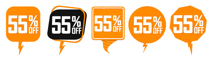 Set Sale 55% off speech bubble banners, discount tags design template, final offer, end of season deal, app icons, vector illustration