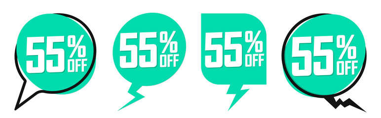 Set Sale 55% off speech bubble banners, discount tags design template, final offer, end of season deal, app icons, vector illustration