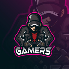 gamer mascot logo design vector with modern illustration concept style for badge, emblem and tshirt printing. gamer illustration for sport and esport team. © Ahmadbrutalism666