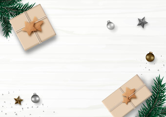 Christmas background. Xmas frame decorated with Craft-style gift box, Christmas balls, Green fir tree, Star, and gray confetti isolated on wooden background. Top view flat lay. Vector illustration.