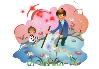 man and boy catching fish in a pond