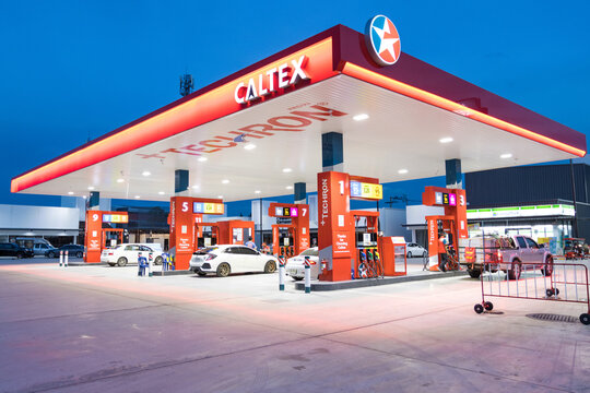BANGKOK THAILAND :- JULY 15,  2020 : CALTEX OIL Station, Fueling stations Refuel service for Cars are refueling at the gas station Thailand. Ready to service 24 hour.