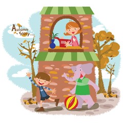 children playing with an elephant