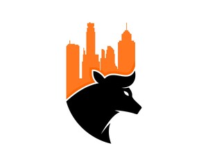 Head bull with building silhouette