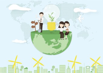 business people on half globe with a bulb