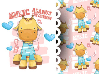 Cute giraffe with music player and pattern background
