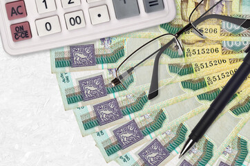 1000 Sri Lankan rupees bills fan and calculator with glasses and pen. Business loan or tax payment...