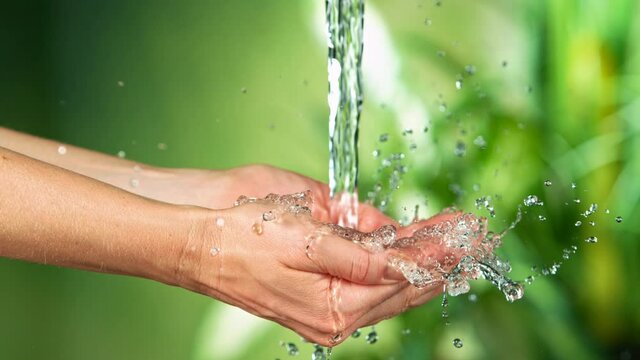 Fresh water splashing on womans hands, super slow motion filmed at 1000 fps.