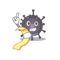 Salmonella mascot character style with food and beverage menu on his hand