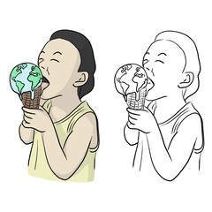 boy eating planet earth as melting ice cream vector illustration sketch doodle hand drawn with black lines isolated on white background. Global warming concept.