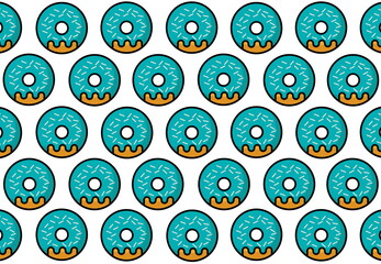 Cute, Sweet and tasty desert Seamless Colorful donuts pattern on white color background. Summer Flat Lay, Minimal sweet food concept. Copy Space.