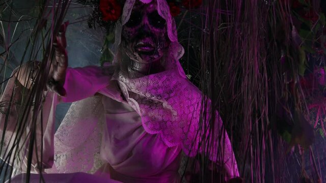 Fabulous stylization of Santa Muerte - Holy Death - modern religious cult. Concept Art fairy tale 4K Footage.